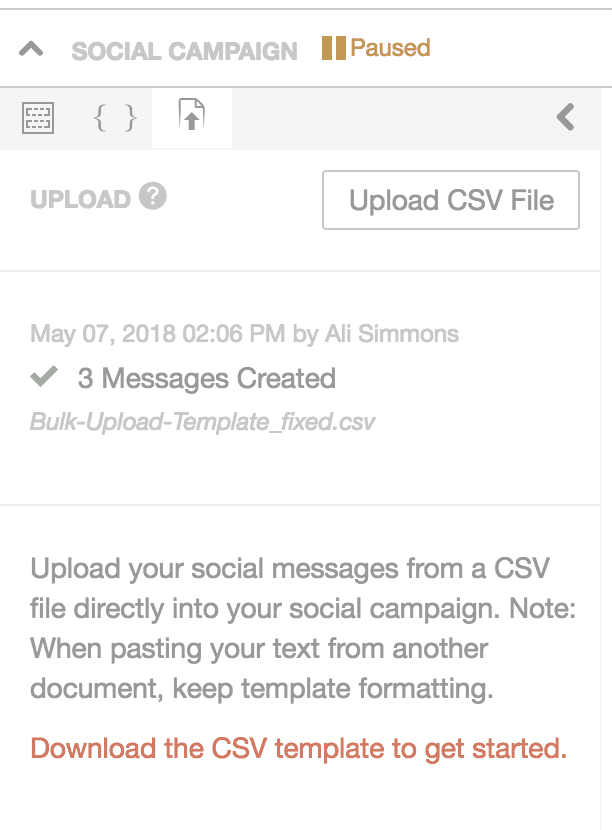Bulk upload pane in a social campaign with the upload log and social profile selection.