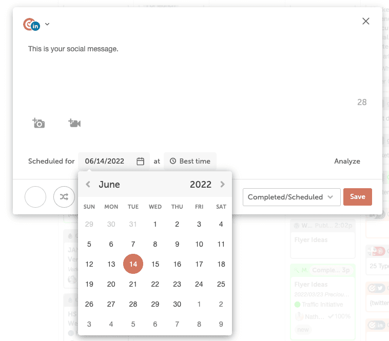 Social message opened from the calendar so its publish date and time can be changed.