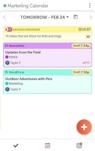 Calendar tab in the CoSchedule mobile app showing one day, with the date at the top and arrows to change days.