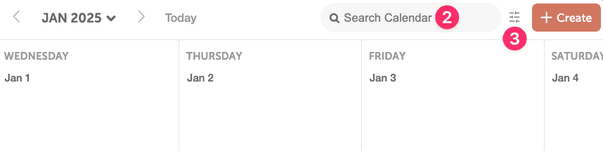 Calendar top bar with the Search Calendar field and the Advanced Search icon beside it.