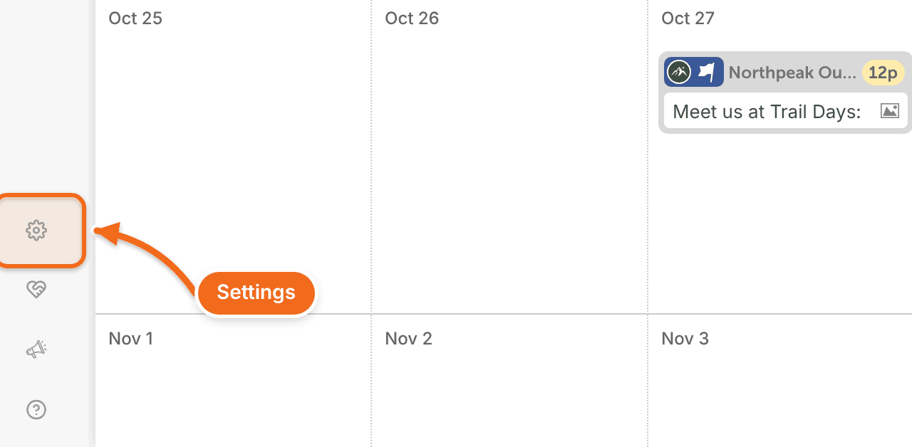 The Settings icon in the lower part of the left-side menu, used to open calendar settings.