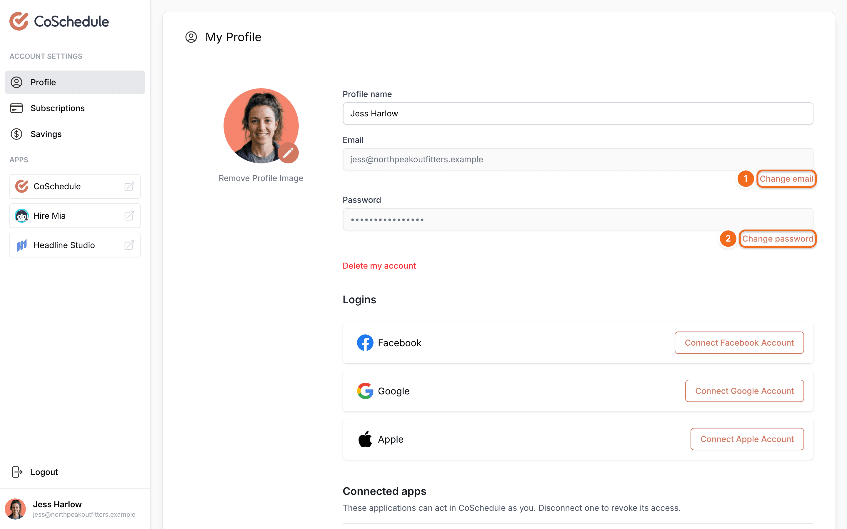 "My Profile" with name, email and password fields, and "Change email" and "Change password" highlighted.