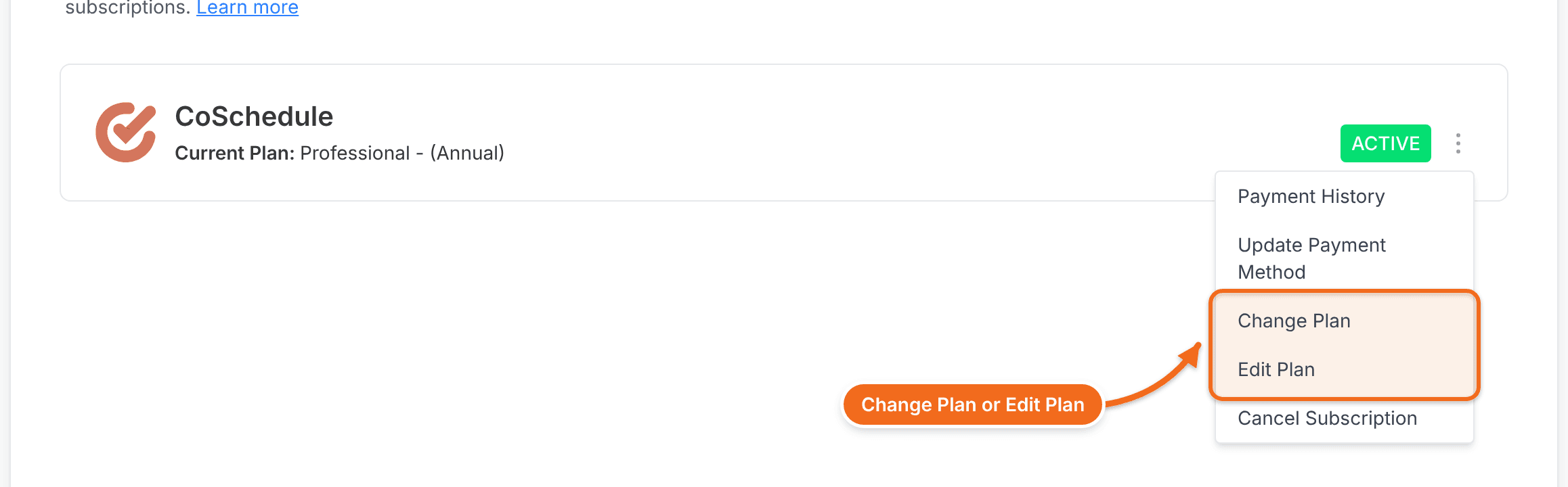 Billing page with the three-dot menu open on a Professional plan, with "Change Plan" and "Edit Plan" highlighted.