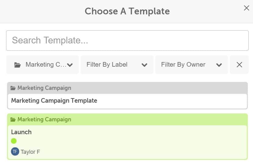 Choose A Template panel listing marketing campaign templates to start a new campaign from.