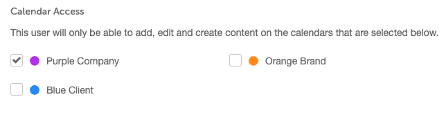 Team member edit page with checkboxes to choose which client calendars the person can access.