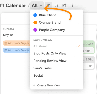 Calendar menu listing each client calendar alongside the saved calendar views.
