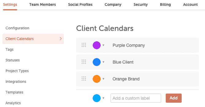 Client Calendars settings listing each client calendar by color label and name, ready to edit or add one.