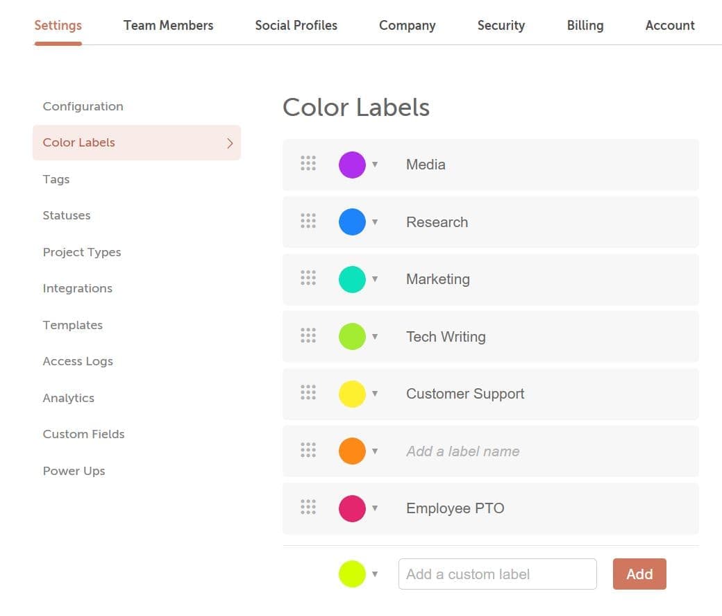 Color Labels settings where you name, reorder, edit, delete and add custom color labels.