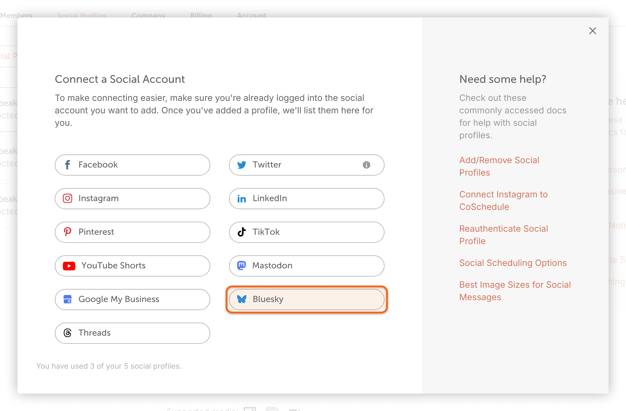 The "Connect a Social Account" window with "Bluesky" highlighted.