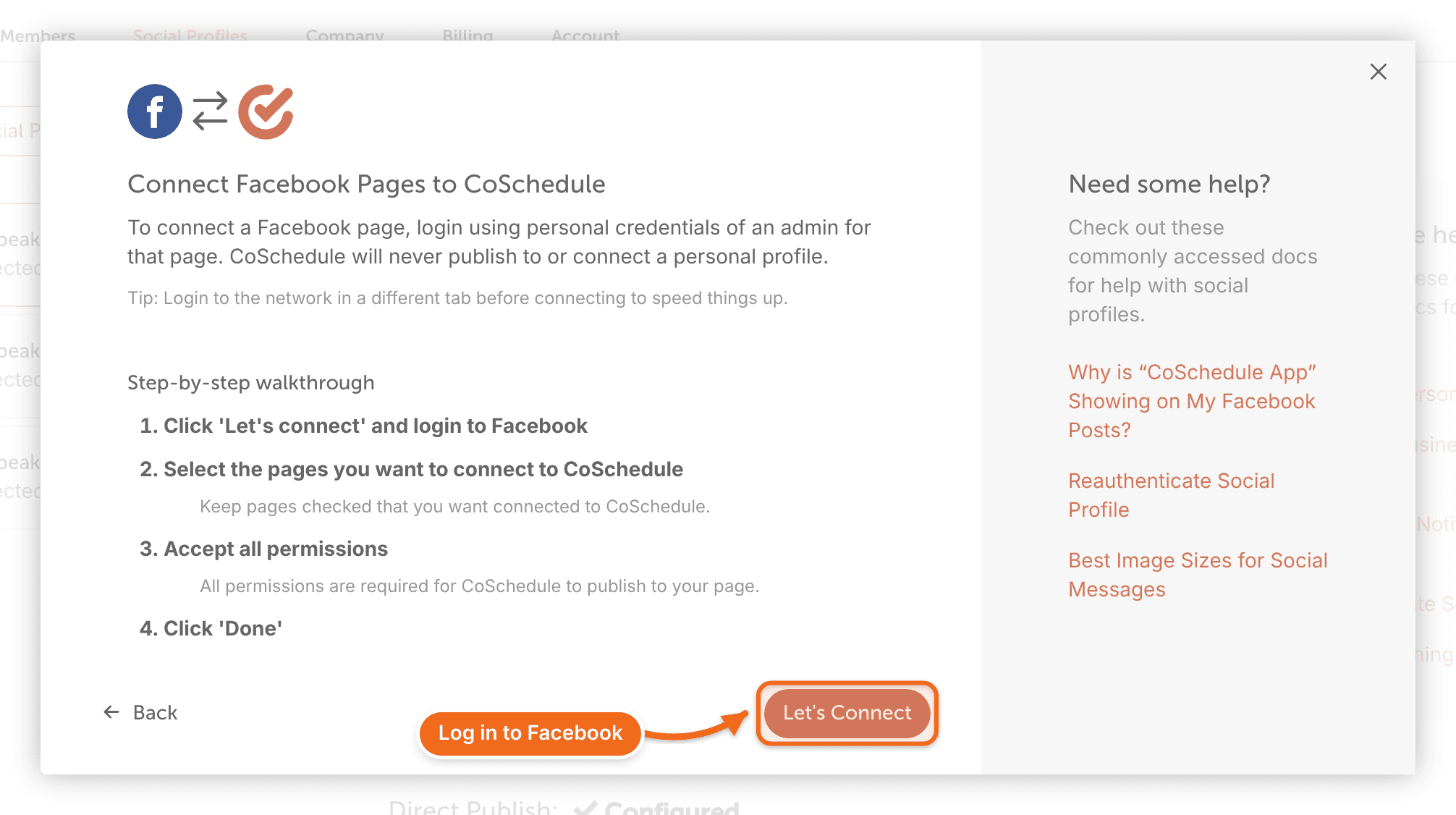 The "Connect Facebook Pages to CoSchedule" window with the "Let's Connect" button highlighted.