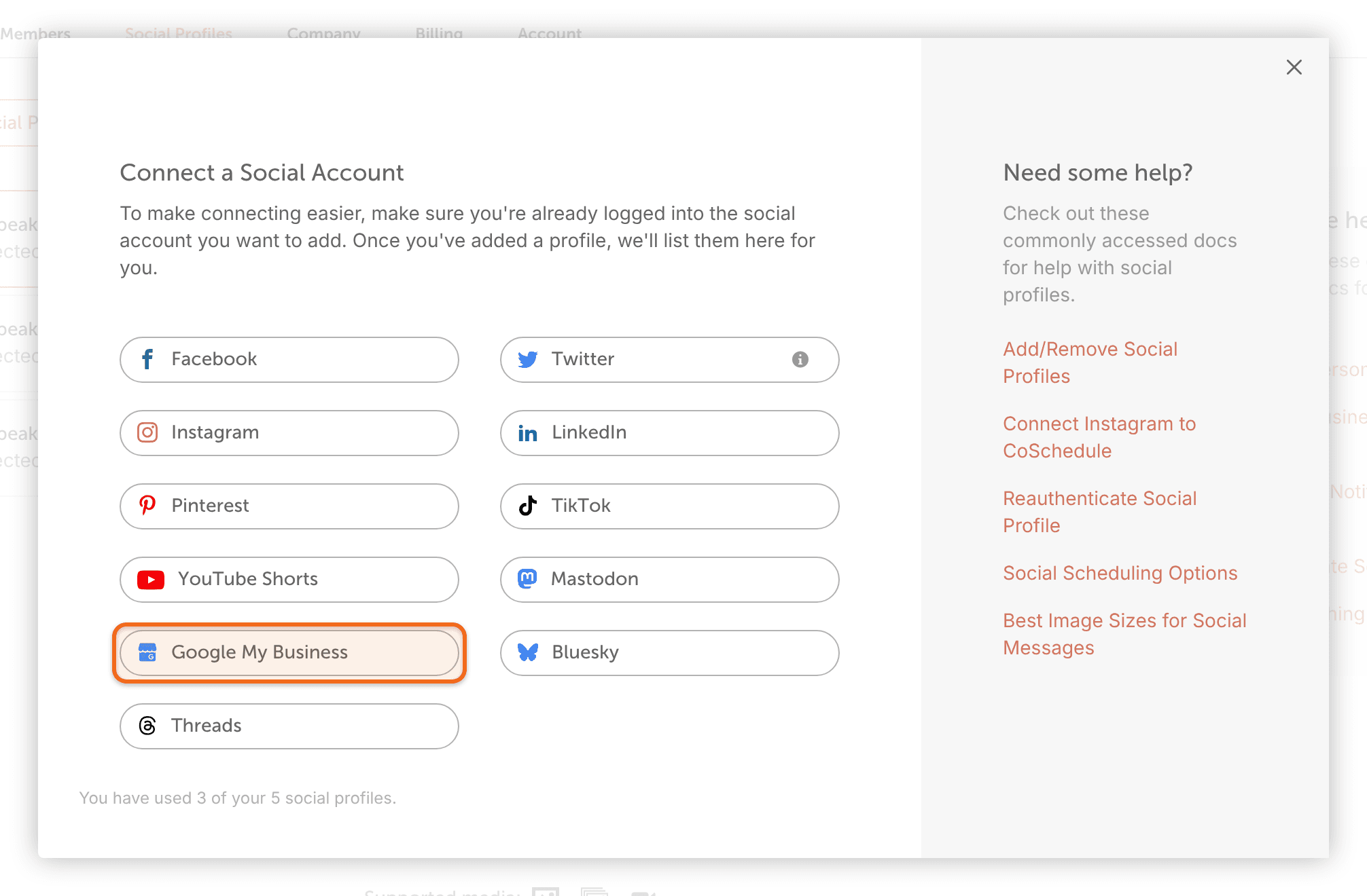 The "Connect a Social Account" window with "Google My Business" highlighted.
