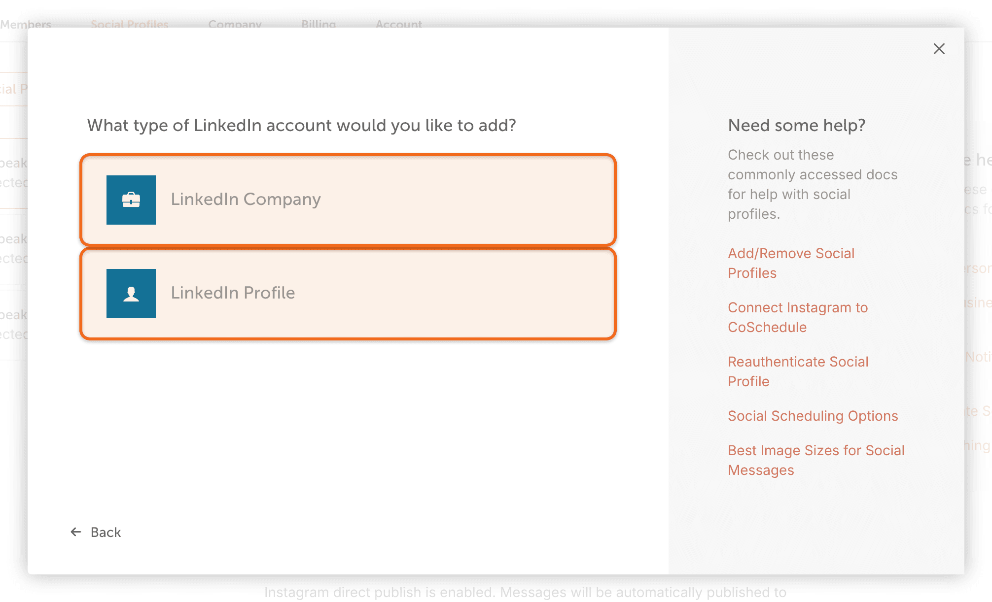 The LinkedIn account type window with "LinkedIn Company" and "LinkedIn Profile" options.