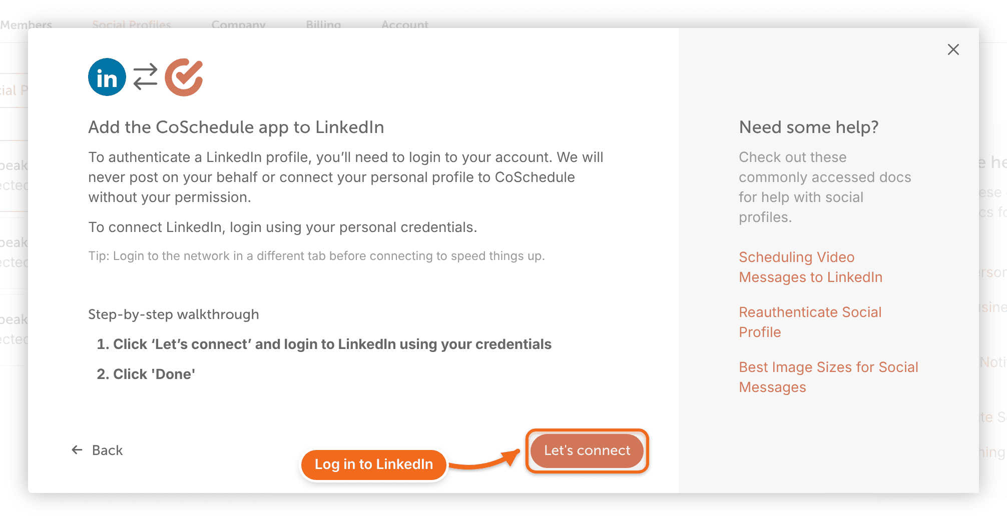 The "Add the CoSchedule app to LinkedIn" window with the "Let's connect" button highlighted.