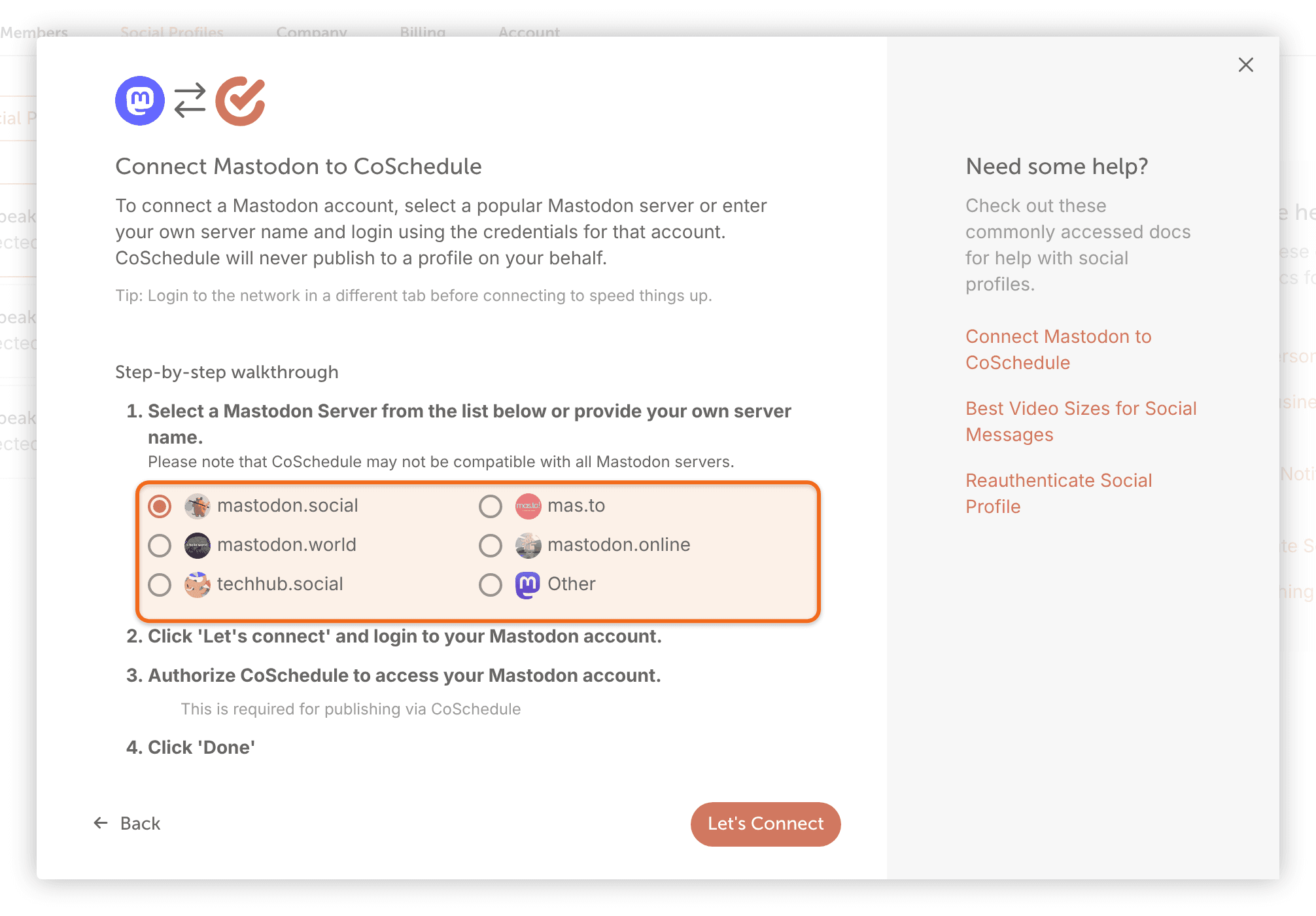 The "Connect Mastodon to CoSchedule" window with the server list, including "Other", highlighted.