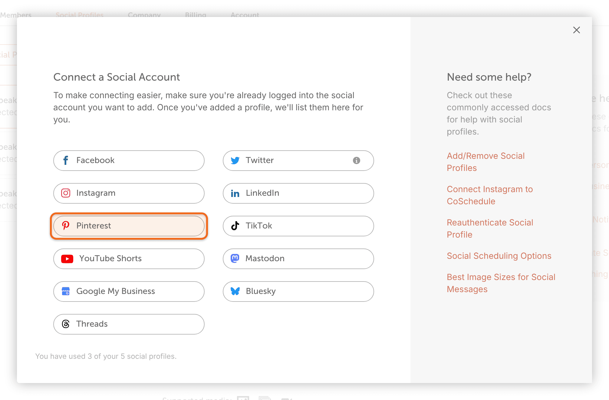 The "Connect a Social Account" window with "Pinterest" highlighted.