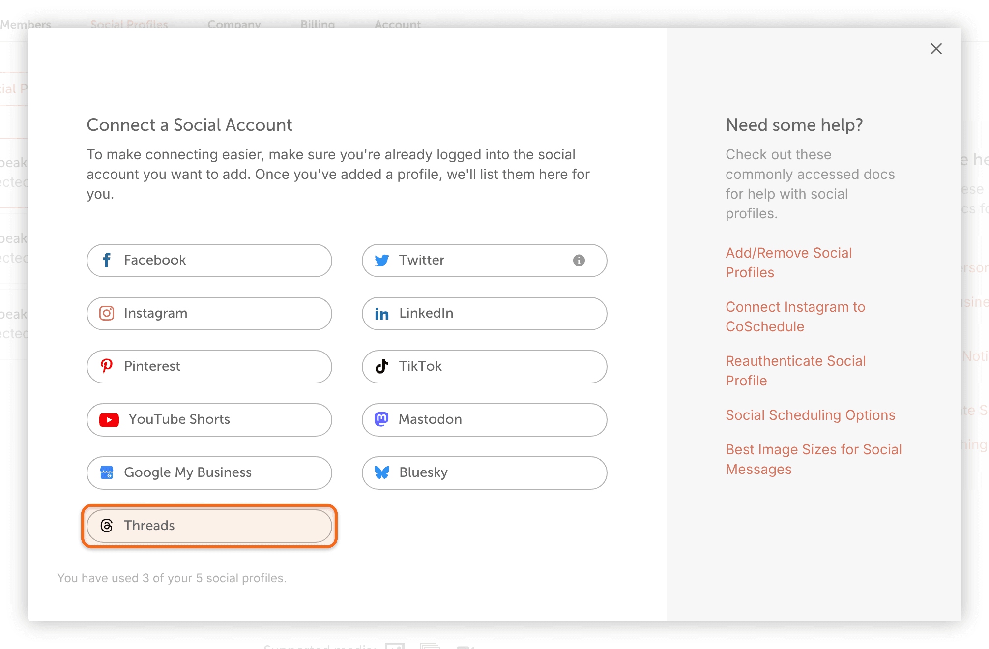 The "Connect a Social Account" window with "Threads" highlighted.