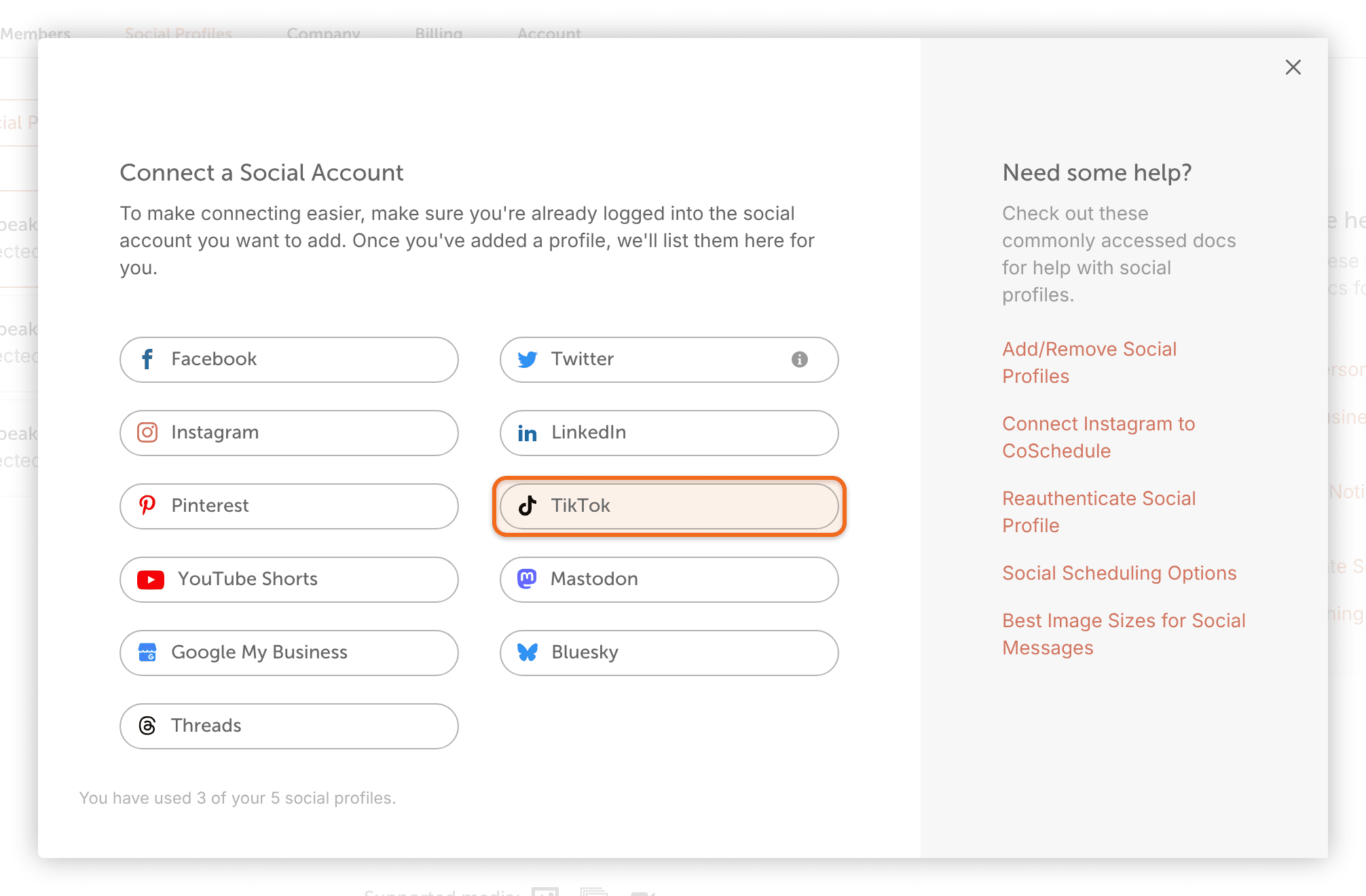 The "Connect a Social Account" window with "TikTok" highlighted.