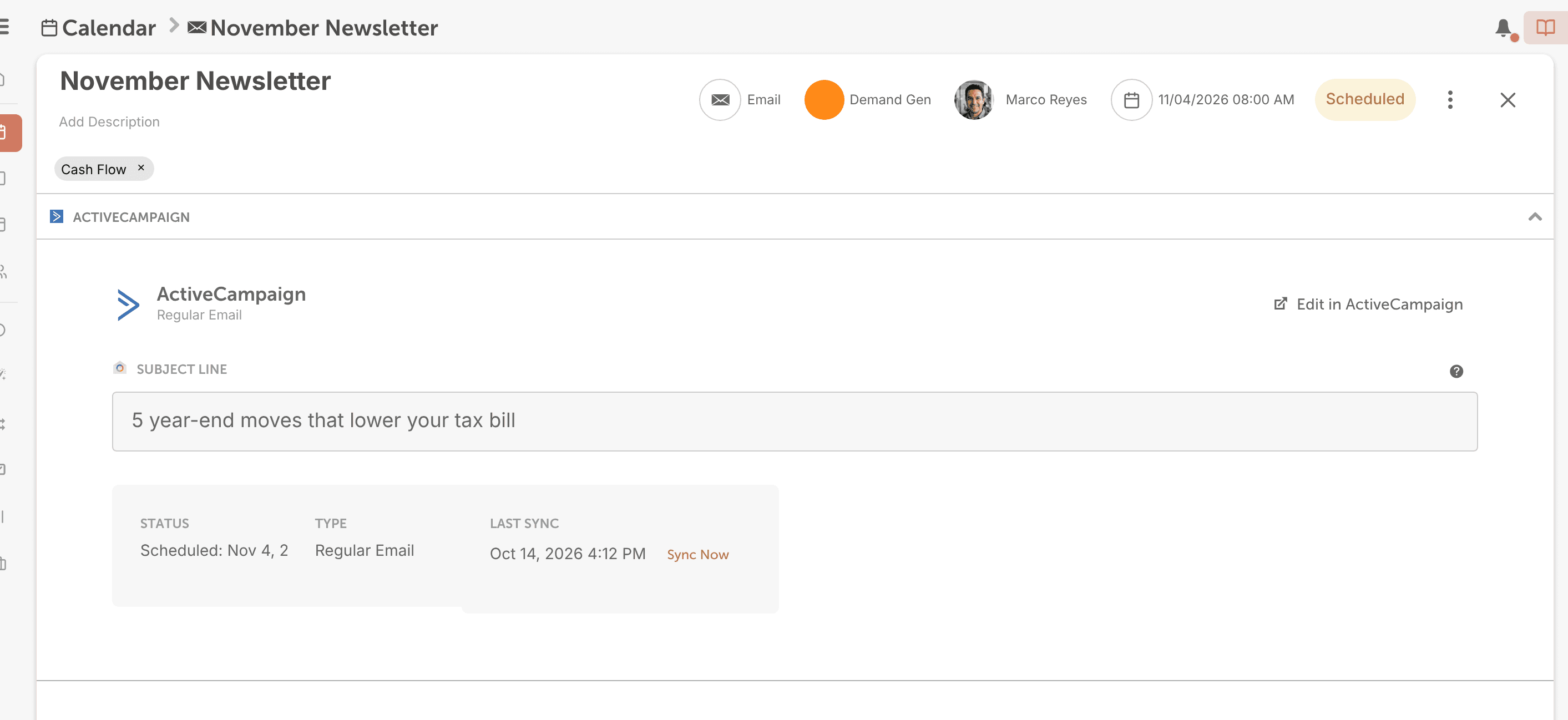 A synced ActiveCampaign email project showing the campaign's title, scheduled date and subject line.