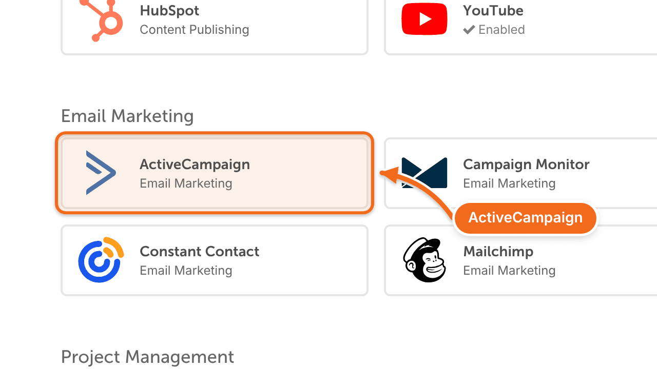 Settings > Integrations, with ActiveCampaign under Email Marketing.
