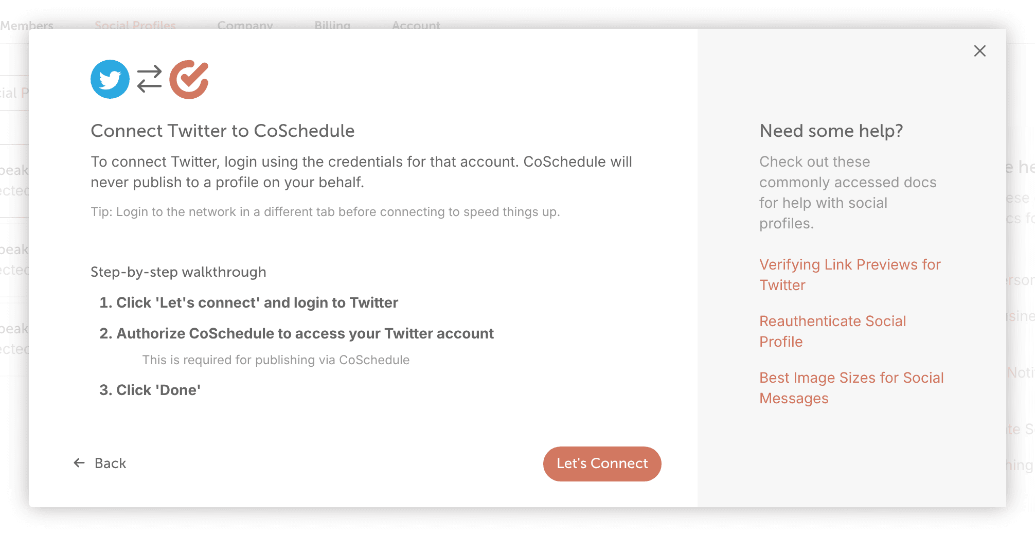 The connect window for X in CoSchedule, with the steps to follow and the Let's Connect button.