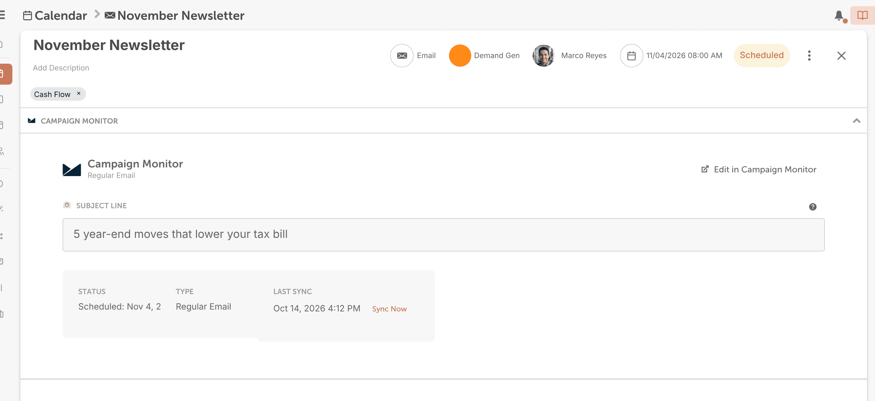 A synced Campaign Monitor email project showing the campaign's title, scheduled date and subject line.