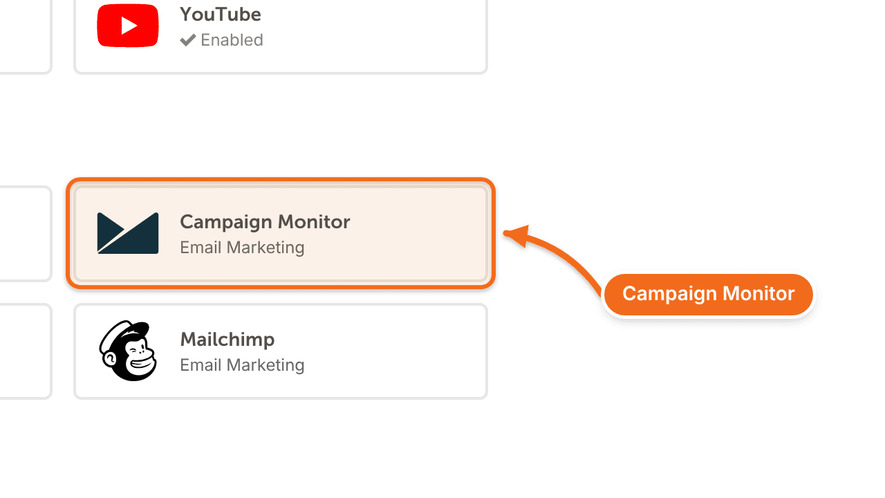 Settings > Integrations, with Campaign Monitor under Email Marketing.