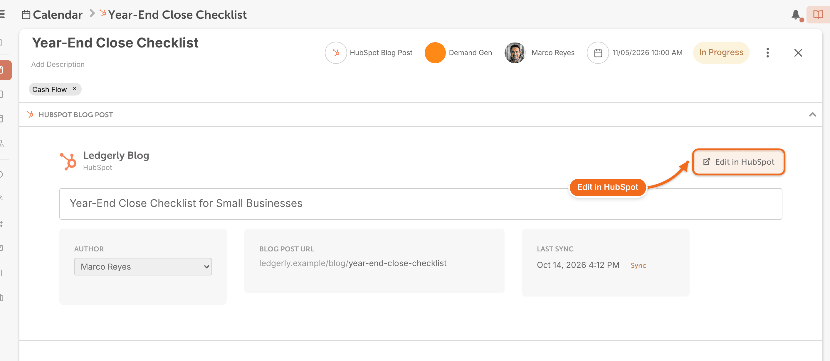 A HubSpot Blog Post project in CoSchedule with title, author and schedule fields and the Edit in HubSpot button.