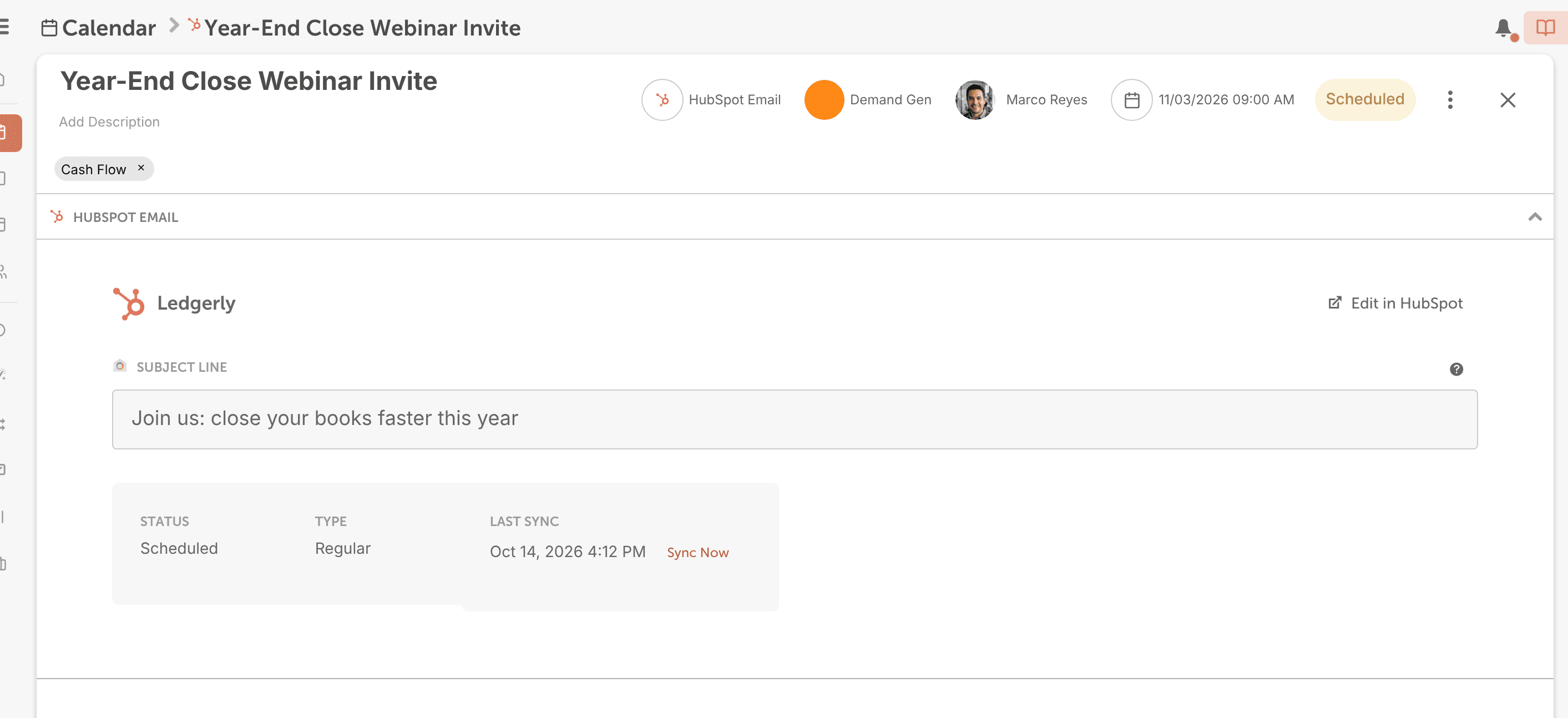 A synced HubSpot email project in CoSchedule showing its title, scheduled date and subject line.