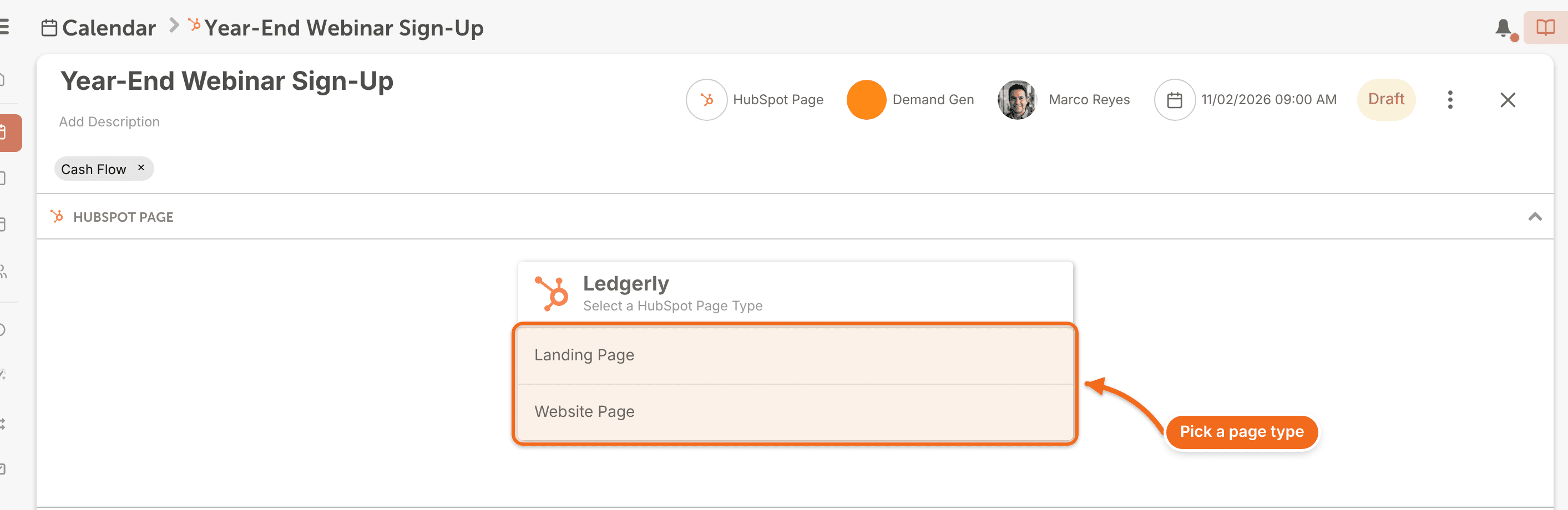 Choosing Landing Page or Website Page for a new HubSpot Page project in CoSchedule.