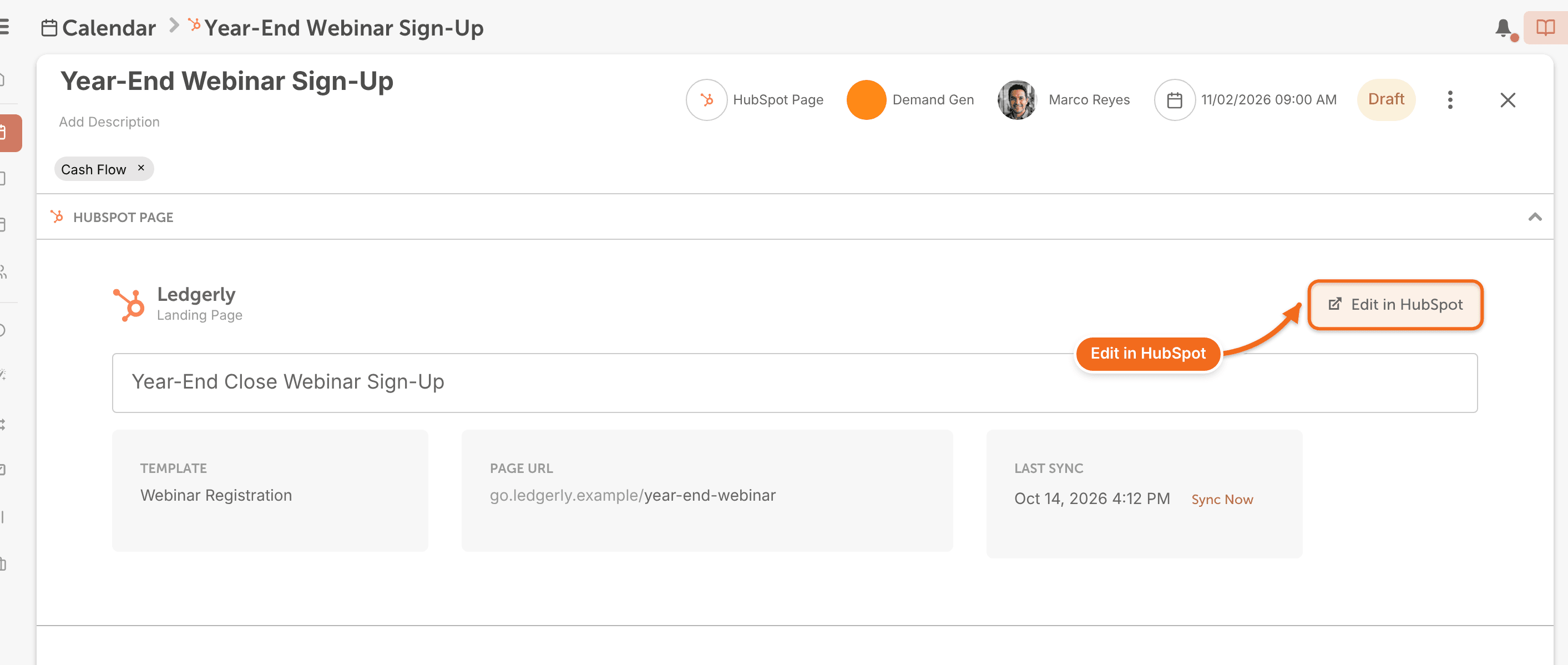 A HubSpot Page project in CoSchedule with its title and schedule and the Edit in HubSpot button.