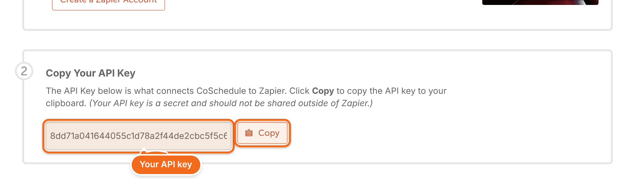 Zapier settings at "Copy Your API Key", with the API key field and the "Copy" button highlighted.