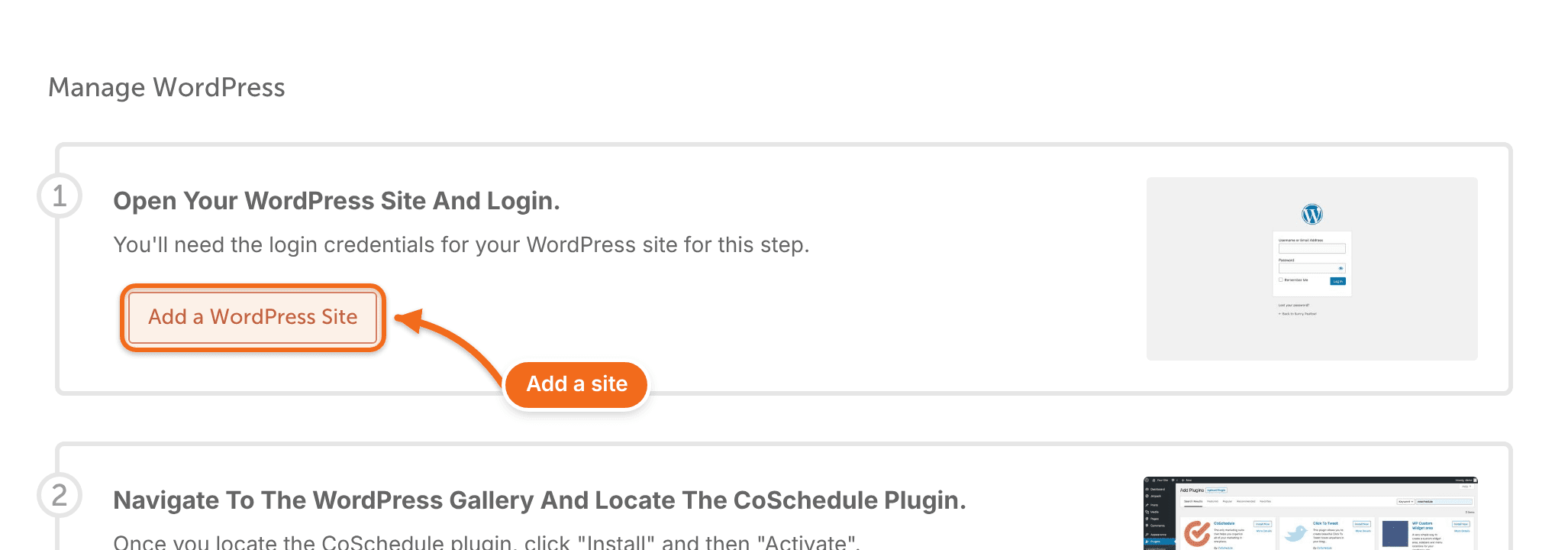 "Manage WordPress" in Settings with the "Add a WordPress Site" button highlighted.