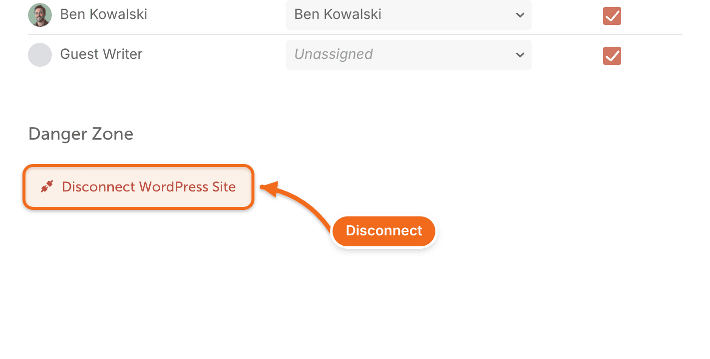 The Danger Zone at the bottom of a WordPress site's settings, with Disconnect WordPress Site.