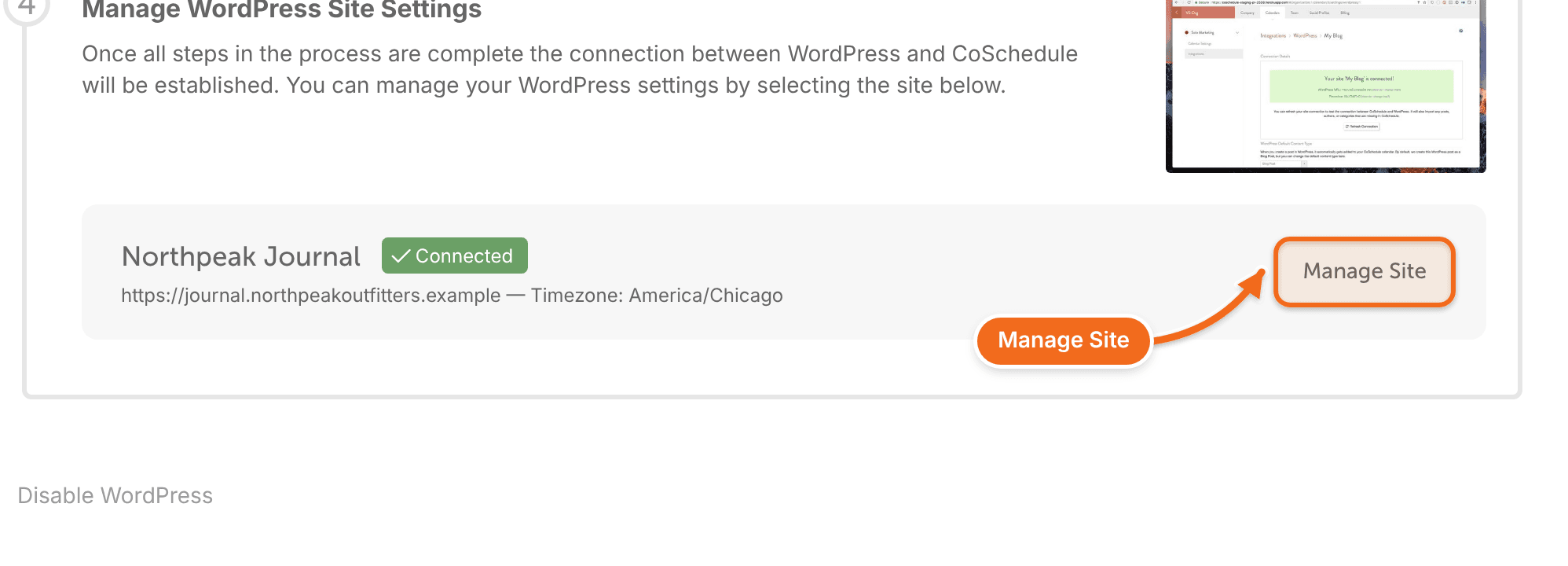 A connected WordPress site in "Manage WordPress" with the "Manage Site" button highlighted.