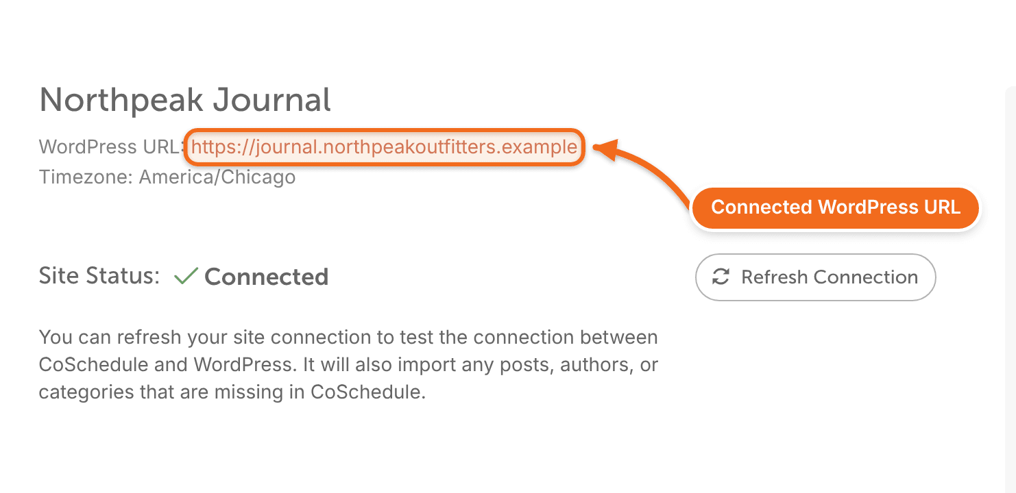 A connected WordPress site's details in CoSchedule, with its WordPress URL.