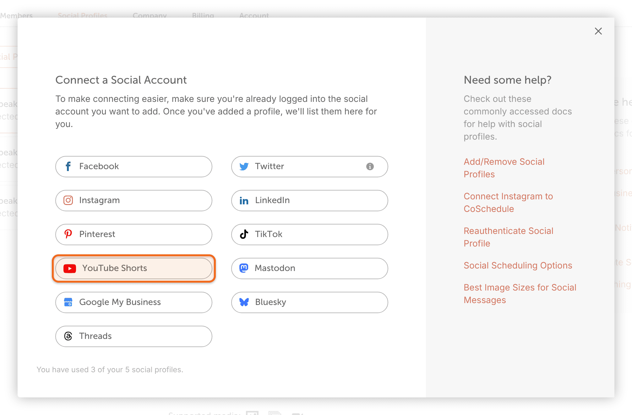 The "Connect a Social Account" window with "YouTube Shorts" highlighted.