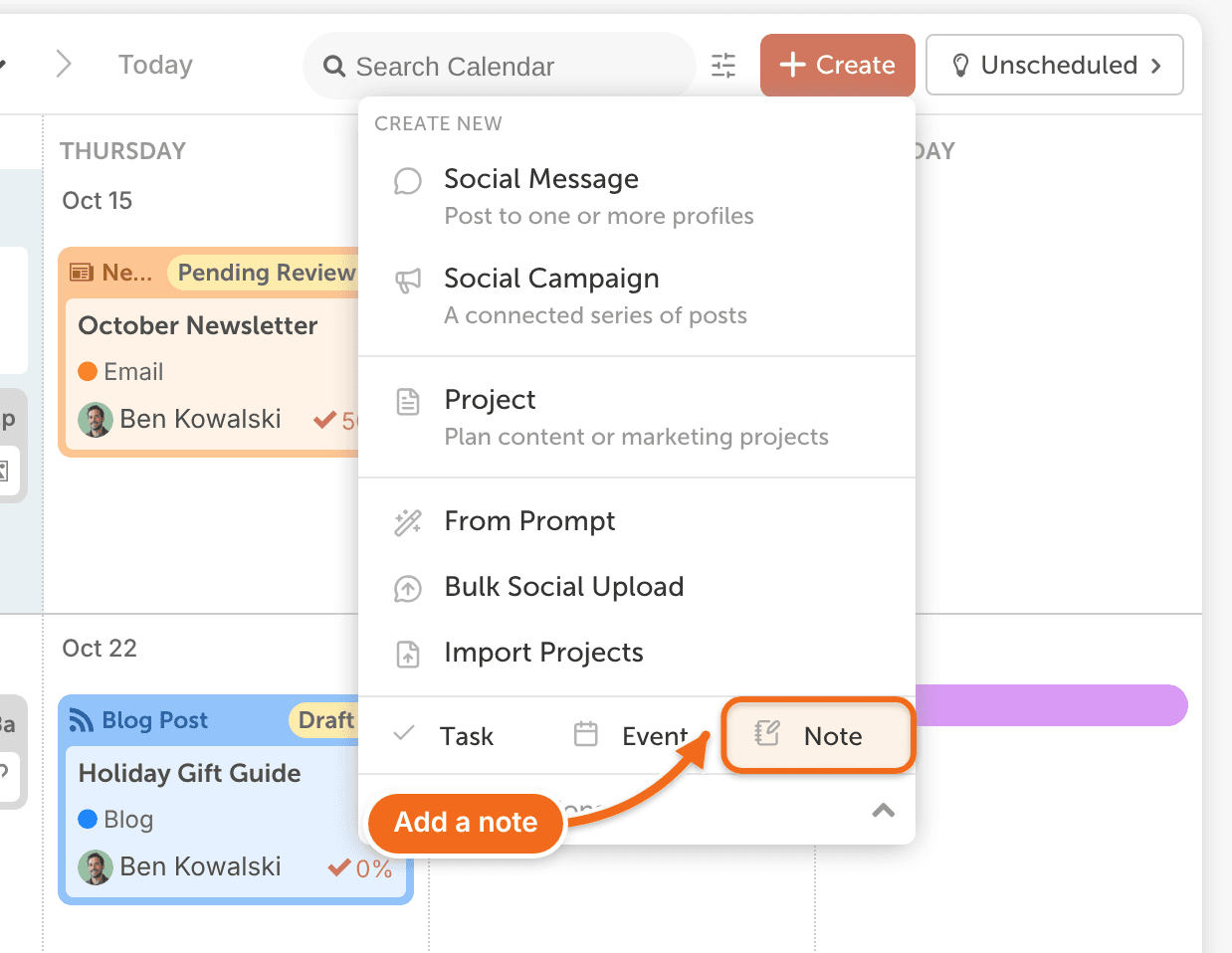 The Create menu on the calendar with Note selected to add a note.