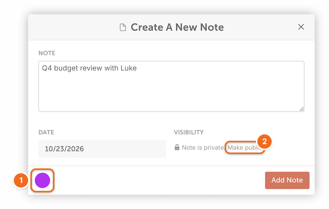 The Create A New Note window, with the color label circle at the lower left and the Make public option.