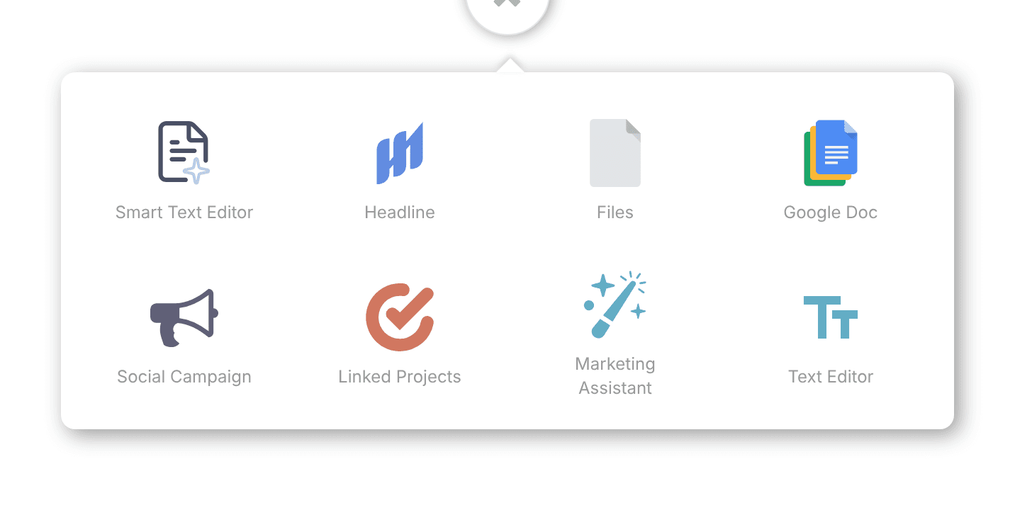 Add Attachment menu with Smart Text Editor, Headline, Files, Google Doc, Social Campaign, Linked Projects, Marketing Assistant and Text Editor.