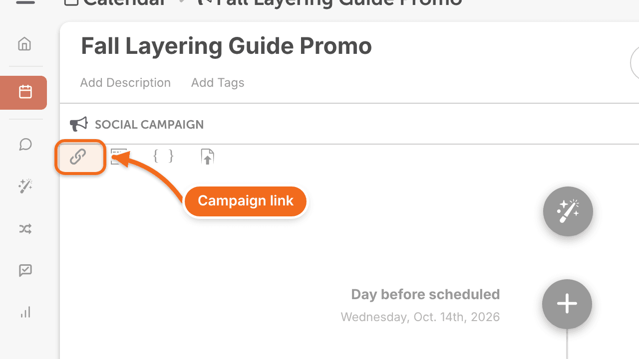 The link icon at the top left of a social campaign, which opens the campaign link.