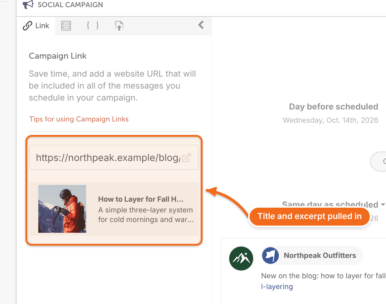 Campaign Link panel with a URL entered and the page's title and excerpt pulled in below it