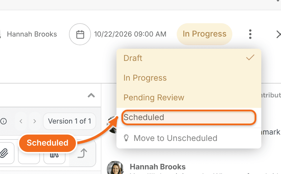 Project status menu open with the Draft, In Progress, Pending Review and Scheduled statuses.