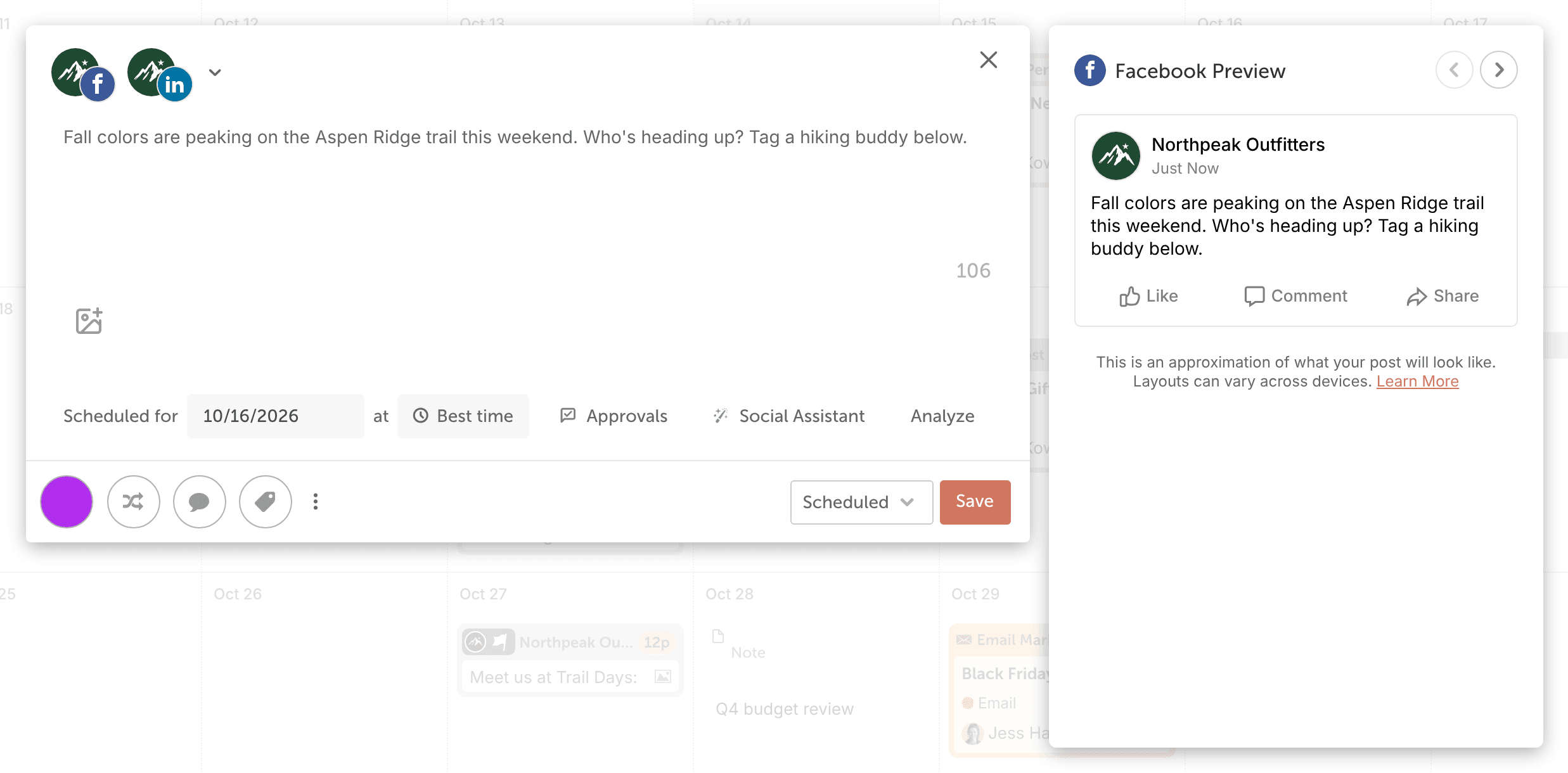 Social composer with two profiles, message text, the media icon, "Scheduled for" date and time, and the "Scheduled" status.