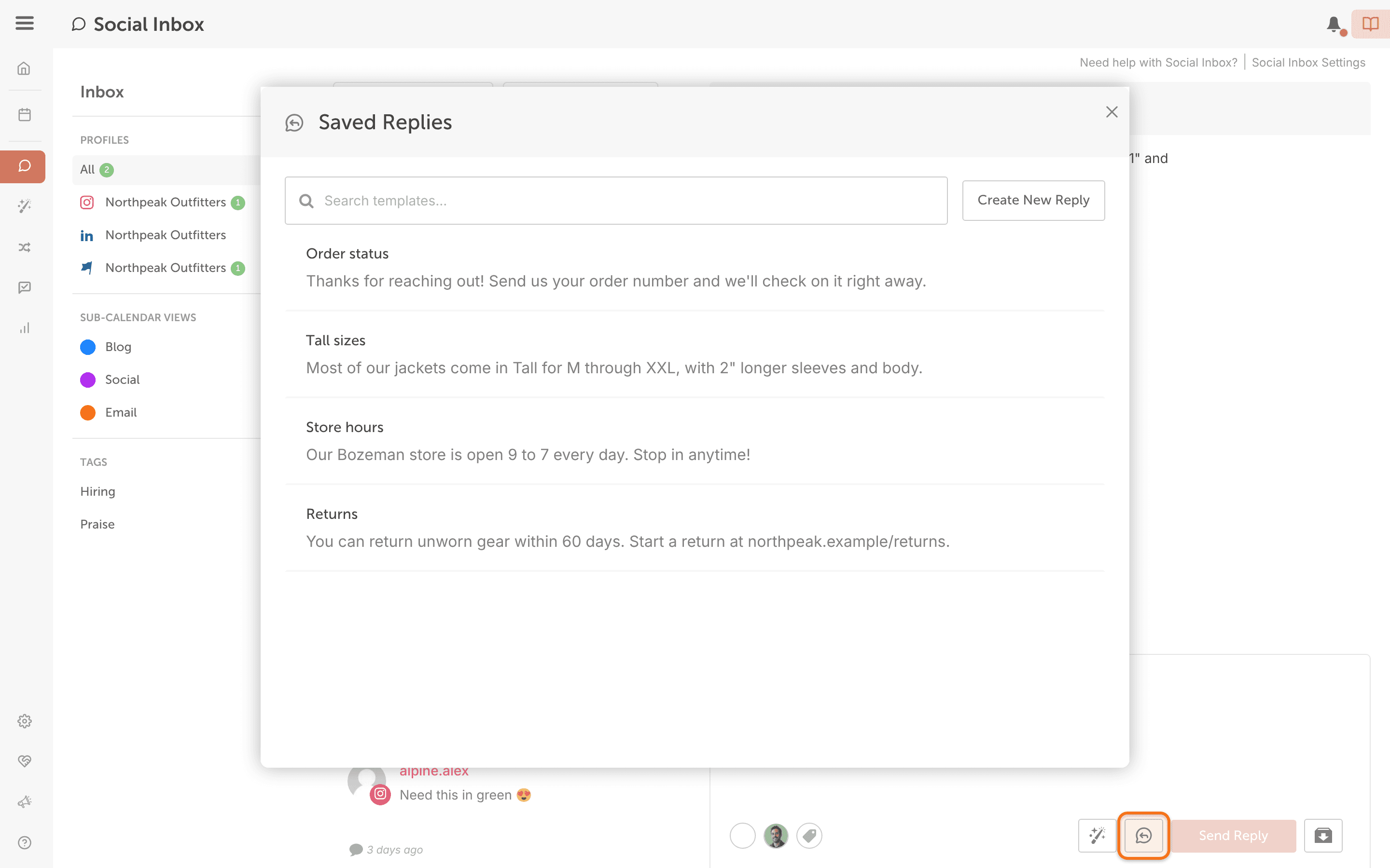 The "Saved Replies" window opened from the Social Inbox reply box, with search, "Create New Reply" and saved replies.