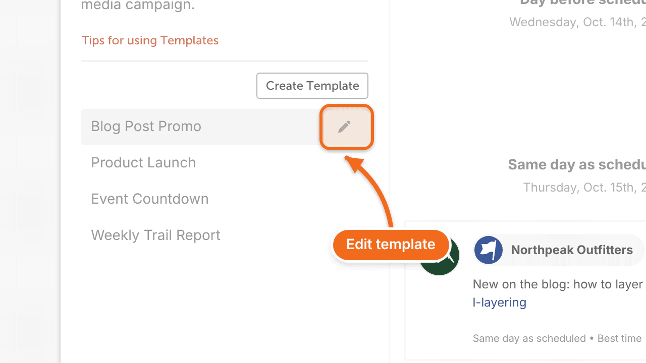 Social Templates list in a social campaign with the pencil icon next to a template highlighted.