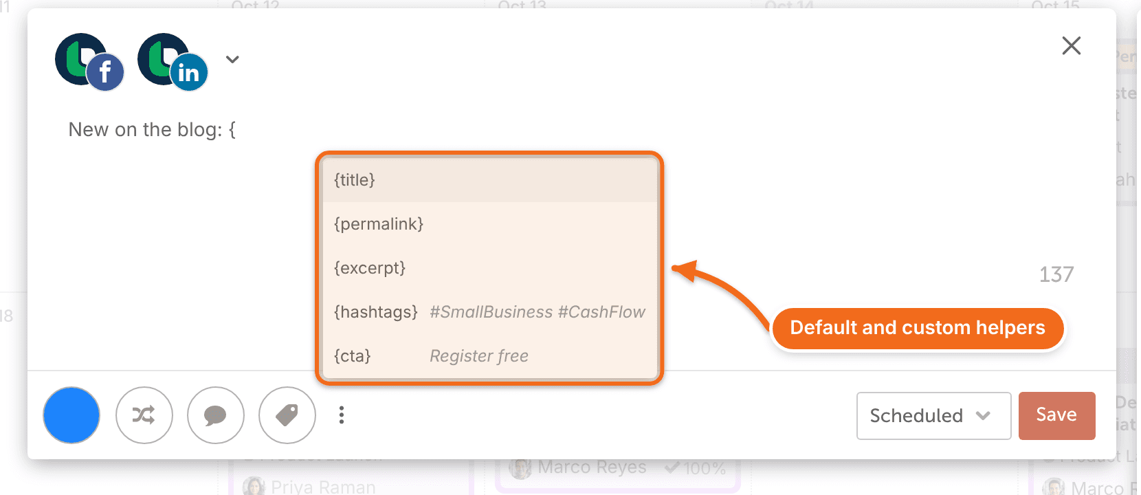 Helper list in a template message after typing a curly brace, showing default helpers such as {title} and {permalink} and custom helpers with their values.