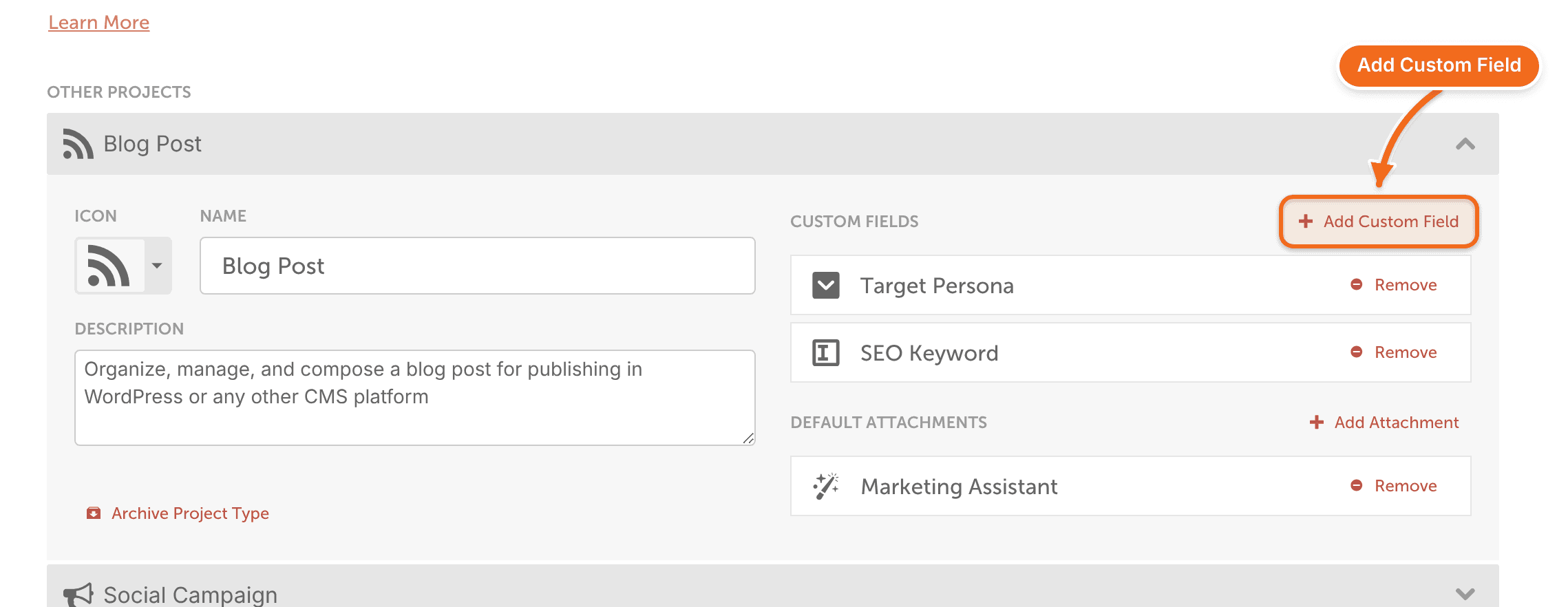 A project type open in Settings, with the Add Custom Field button for adding a field to that type.