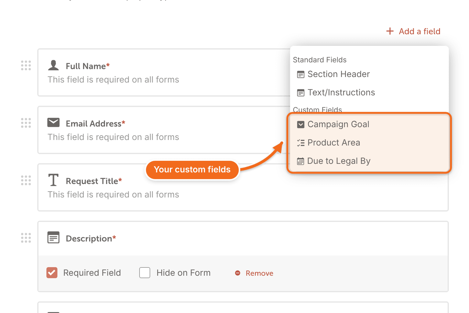 Request form editor with the field dropdown open, listing custom fields to add to the form.