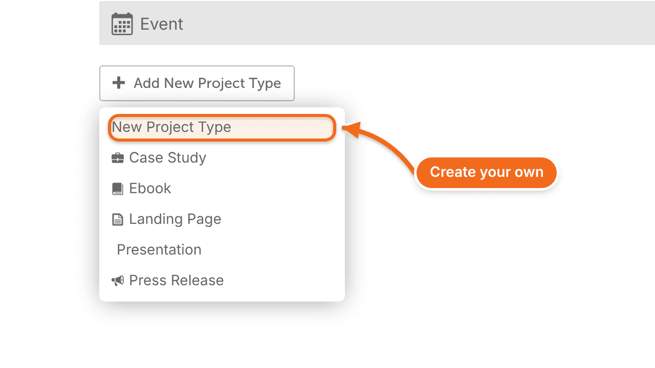 Add New Project Type menu open, with the New Project Type option for creating your own type.