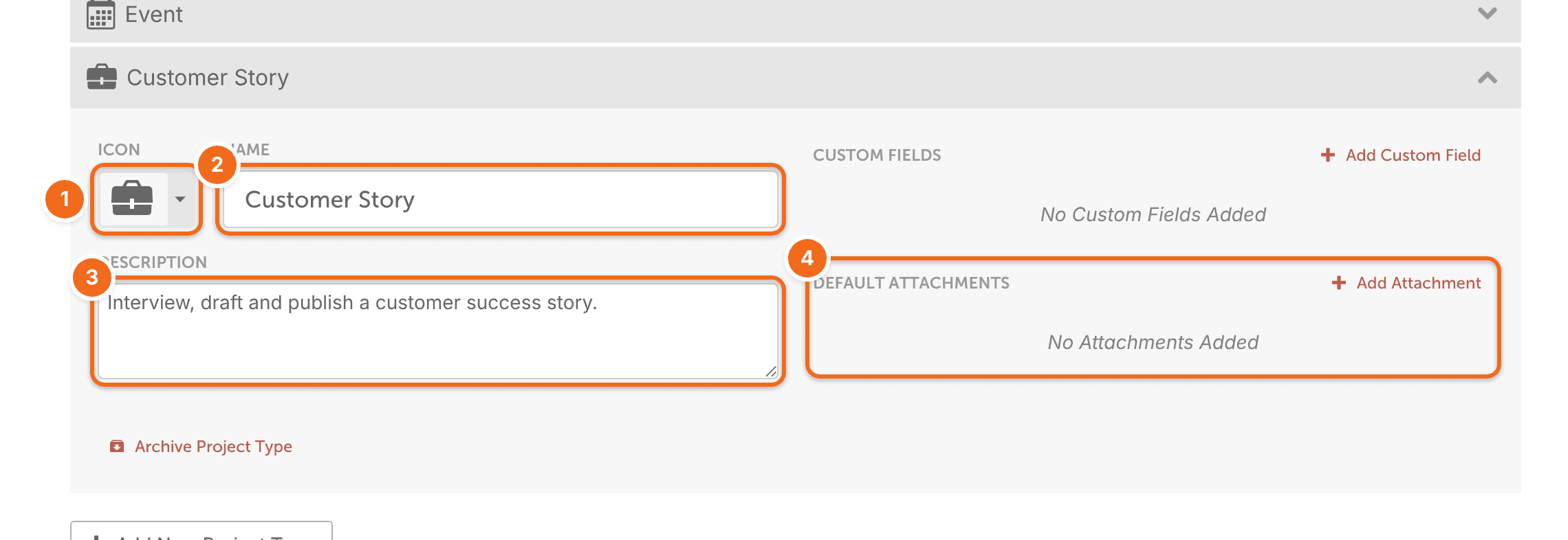 New project type form with the icon picker and the name, description and default attachments fields.